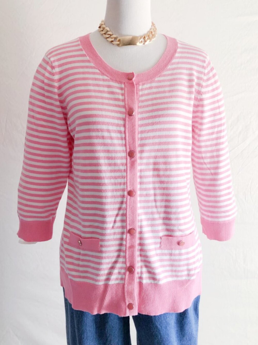 Denim & Co Pink Stripe Cardigan Sweater Size M